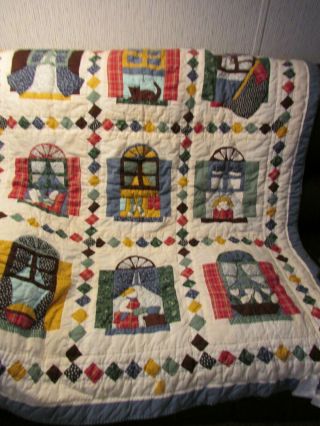 Vintage Quilted Wall Hanging Throw With Window Pain Applique Pictures 59 " X 50 "