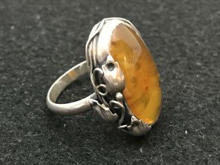 Large Vintage Art Nouveau Style Sterling Silver Amber Ring,  Size P 1/2