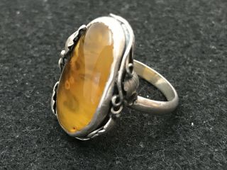 Large vintage Art Nouveau style sterling silver amber ring,  size P 1/2 2