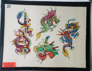 Vintage 1970s S&r Huck Rogers Produx Tattoo Flash Colors:monk Dragon Dagger
