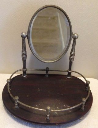 Vintage Mens Womens Vanity Shaving Mirror With Wood Tray & Stand