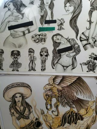 2 80s Vintage Produx Tattoo Flash Sheets Phil Sims Cholo Chicano Pinup