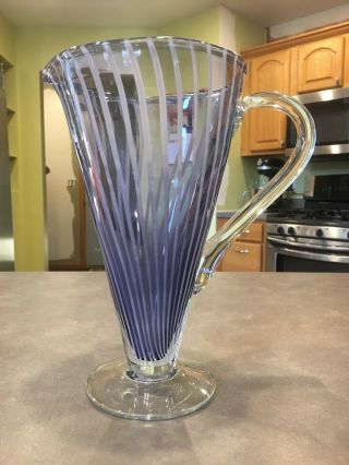 Vintage Murano Art Glass Purple White Stripe Ribbon Swirl Footed Cockail Pitcher