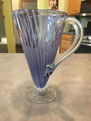 Vintage Murano Art Glass Purple White Stripe Ribbon Swirl Footed Cockail Pitcher 3