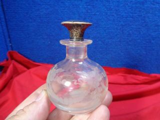Antique Hawkes Etched Glass Perfume Bottle With Sterling Silver Cap