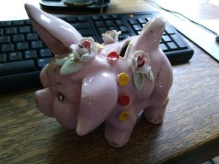 Vintage Pink Ceramic Piggy Bank With Applied Flowers,  Lefton?