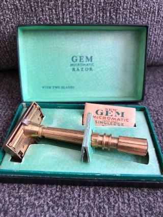 Vintage Gem Micromatic Single Edge Safety Razor Set In Case/box Gold Tone 1930 