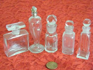 5 Vintage Miniature Clear Glass Perfume Bottles W/ Glass Stoppers Empty