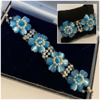 Vintage Butler And Wilson Blue Flower & Pearl Bracelet W/ 925 Silver Clasp