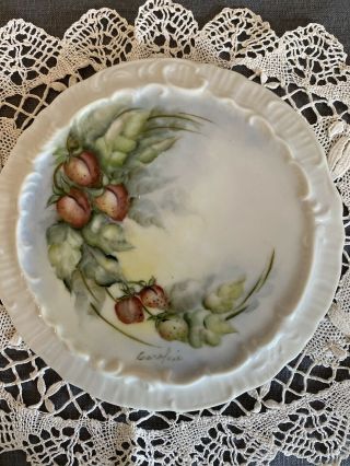 Vintage Porcelain Strawberry Hot Plate Tea Trivet Hand Painted Signed Caroline