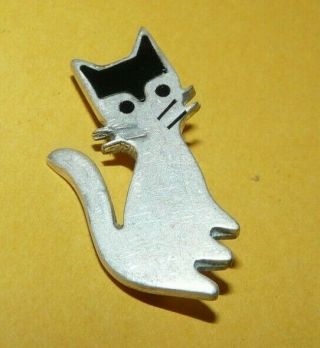 Vtg " Taxco Mexico 925 " Sterling Silver W Black Onyx & Enamel Whiskers " Cat " Pin