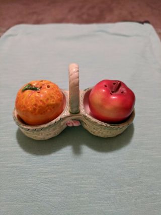Vintage Occupied Japan Salt & Pepper Shakers,  Orange And Apple In Ceramic Basket.