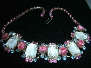 Vtg Juliana D&e Blue Pink Rhinestone Girve Art Glass Five Link Necklace