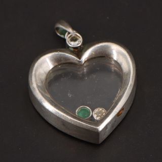 Vtg Sterling Silver - Lenox Emerald Charm Floating Heart Love Pendant - 12g