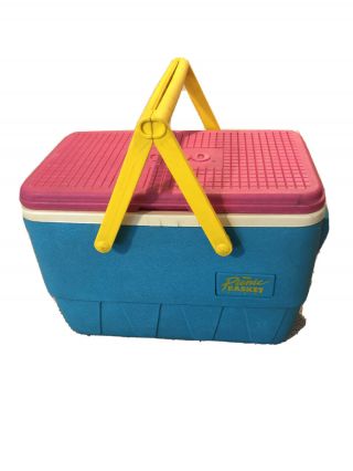 Vintage 90’s Igloo The Picnic Basket Cooler Teal Pink Yellow Handles Cooler