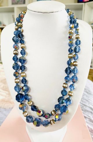 Vintage Blue Aurora Borealis Crystal Double Strand Necklace
