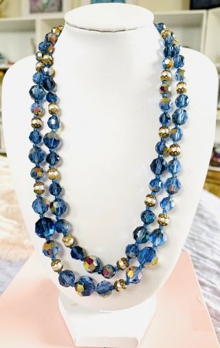 Vintage Blue Aurora Borealis Crystal Double Strand Necklace 2