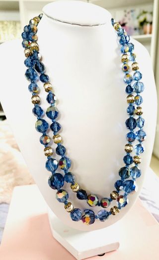 Vintage Blue Aurora Borealis Crystal Double Strand Necklace 3