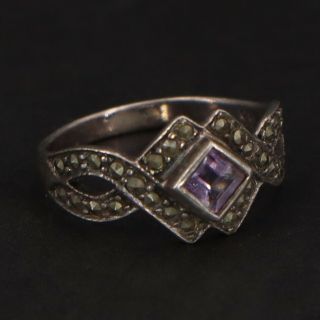 Vtg Sterling Silver - Art Deco Amethyst & Marcasite Intertwined Ring Size 7 - 2g