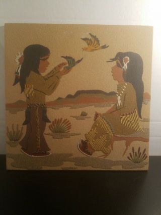 Vintage Navajo Sand Painting Signed Authentic Folk Art Bird Of Love 12 X 12