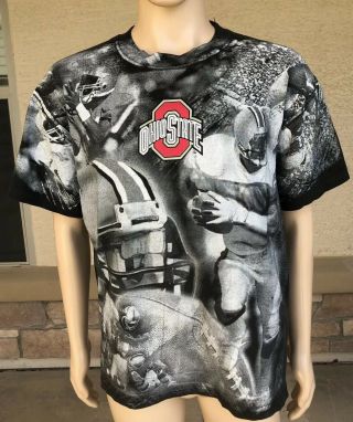 Vintage 90s Ohio State Football All Over Print Single Stitch T Shirt Black Large