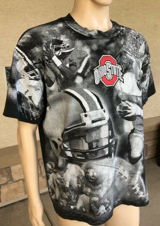 Vintage 90s Ohio State Football All Over Print Single Stitch T Shirt Black Large 2