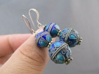 Vintage Sterling Bali Style Guilloche Blue Enamel Ball Bead Dangle Earrings