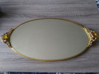 Vintage Glass Mirror Matson Style Vanity Tray Faux Gold Orange Gems
