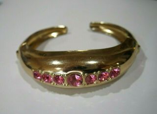Vintage Signed Coro Pink Rhinestone Cuff Bracelet Gold Plate