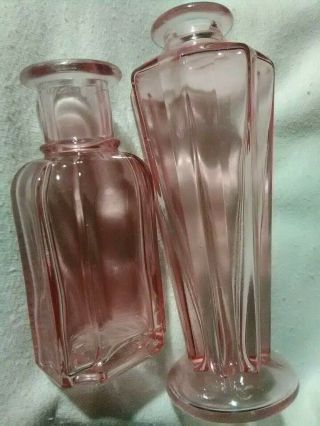2 Very Rare Vintage 117 T Glass Pink Perfume Bottles 4 3/4 " & 5 3/4 "