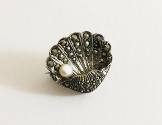 Vintage Silver Marcasite Oyster Brooch,  Cultured Pearl,  925,  Sterling