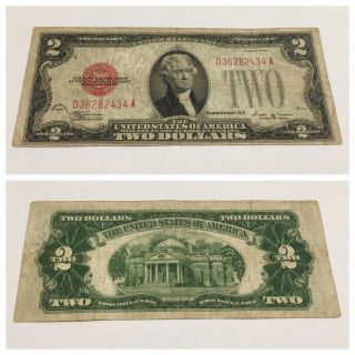 Vintage 1928 - E $2 United States Note Two Dollar Bill Jefferson Red Seal Vinson