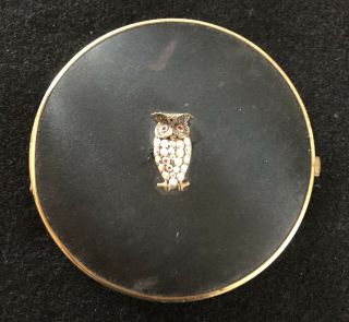 Vintage Compact Double Mirror Black With Rhinestone Owl Irice West Germany