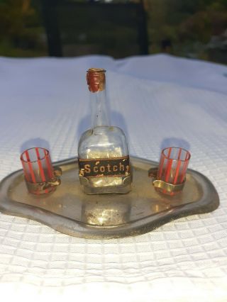Vintage Miniature Scotch Bottle With 2 Glasses And Tray Made In Germany