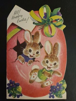 Vtg Rust Craft Easter Greeting Card Diecut Sweet Bunny Rabbits Cracked Egg