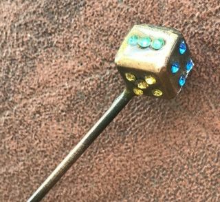 Antique Brass Hat Pin Dice Red Yellow Green Blue Clear Crystals