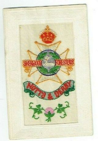Ww1 Embroidered Silk Postcard Notts & Derby Regimental Badge Vintage 1914 - 1918