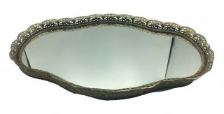 Vintage Large Vanity Dresser Mirror Tray Gilt Gold Filigree Metal Brass Hanging