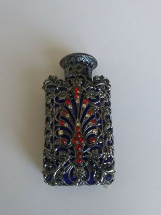 Vintage Cobalt Blue Miniature Glass Vanity Perfume Bottle In Filigree Silver Ton