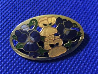 Vintage Jewelry Brooch Pin Cloisonne’ Flowers Gold Tone Metal Signed