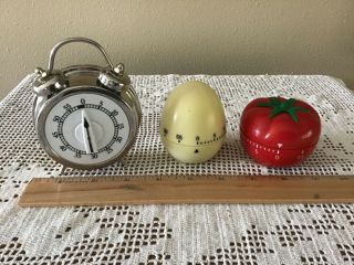 3 Vintage Kitchen Timers,  Progressive Alarm Clock,  Egg,  Tomato - 60 Minutes