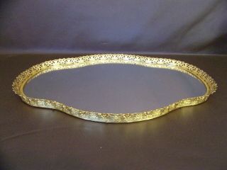 Vintage Mirrored Oval Vanity Tray With Gold Colored Decorative Trim