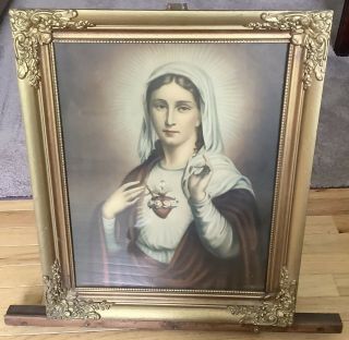 Vintage Our Lady Of The Sacred Heart In Ornate Gold Gilt Frame