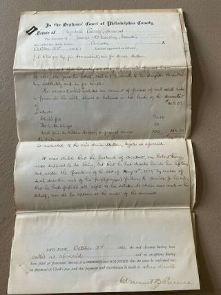 Vintage Hand Written 1882,  4 Page Pa.  Court Document 3 Signatures,  With Ledger,  Seal
