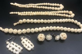 Vtg Faux Ivory Plastic Asian Chinese Style Carved Necklaces Earrings Plastic