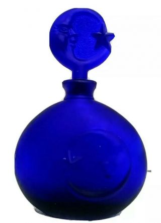 Cobalt Blue Satin Glass Perfume Bottle With Glass Stopper Sun Moon & Star 6 " X4 "