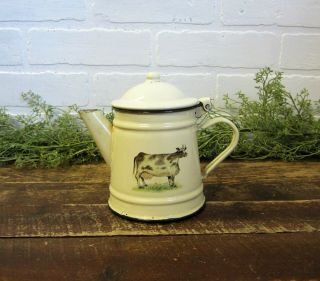 Vintage French Enamel Ware 6 " Pale Yellow / Beige Tea Coffee Pot Black Trim Cow