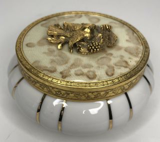 Vintage Matson Gold Dove Bird Porcelain Vanity Powder Puff Jar White & Gold
