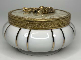 Vintage Matson Gold Dove Bird Porcelain Vanity Powder Puff Jar White & Gold 2