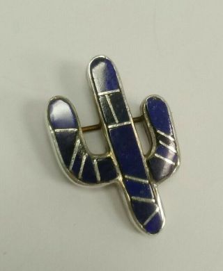 Vintage Sterling Silver Native American Navajo Cactus Pin With Lapis Inlay
